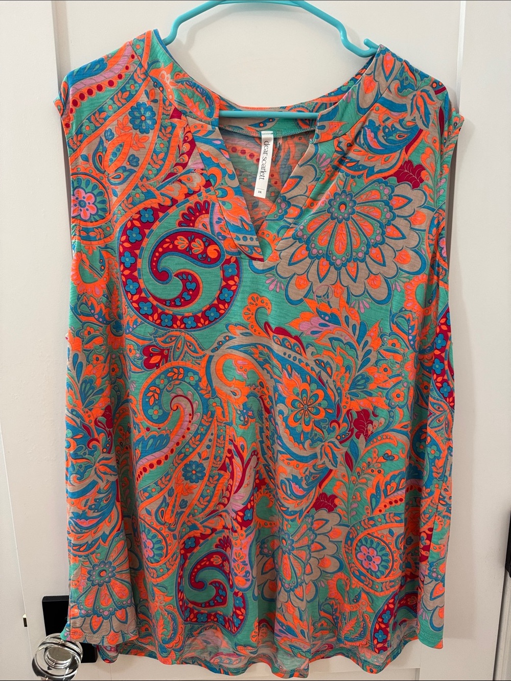 Paisley V-Neck Sleeveless Tank Top - Turquoise & Orange